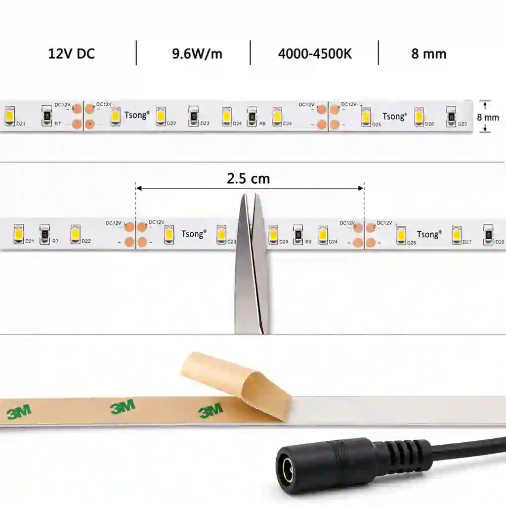 Technický detail LED pásku 8mm s dělením každých 2,5cm